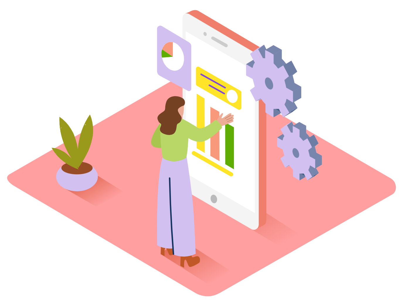 graphic of web developer in front of a mobile screen in an isometric style colourful drawing