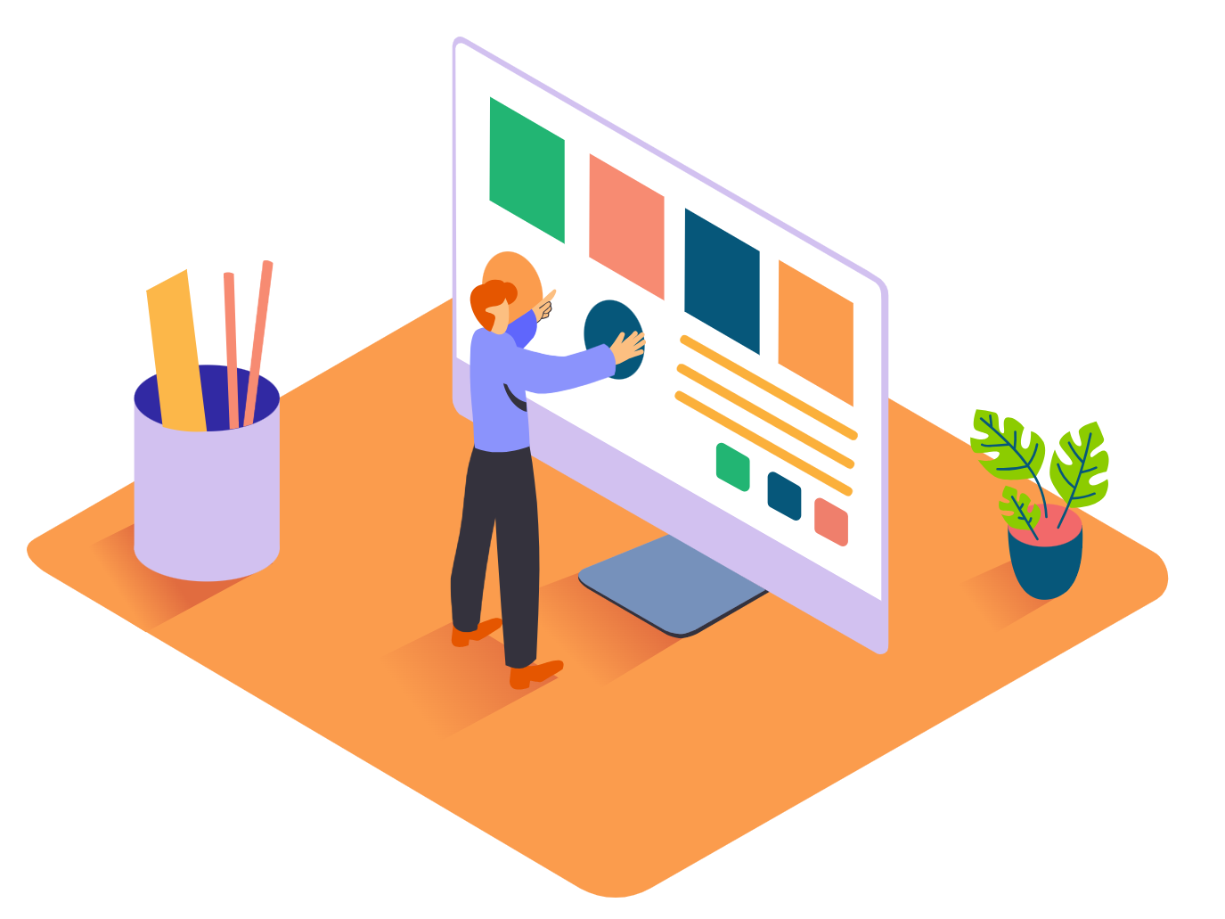 graphic of web designer in front of a computer screen screen in an isometric style colourful drawing